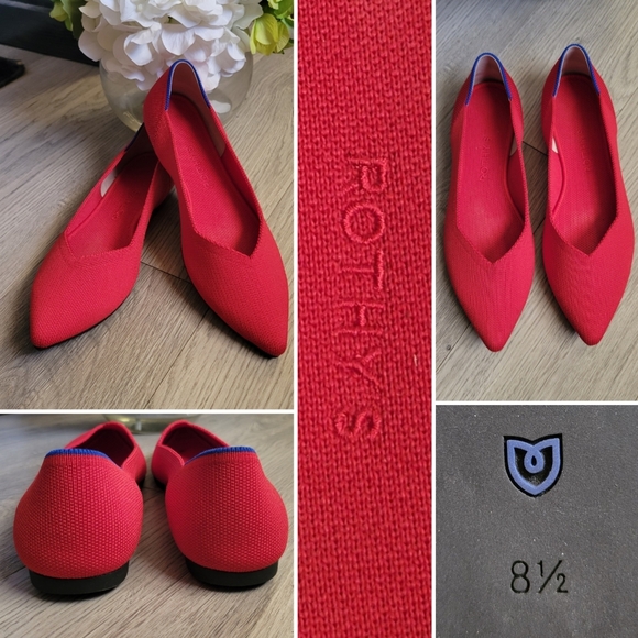 Rothy's Shoes - Rothy's The Point Chili Red Flats, Red Trim Insoles, Women's US 8.5 EU 39